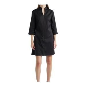 Ming Wang Front Zip Stretch Cotton Shirt Dress Medium Black NWOT